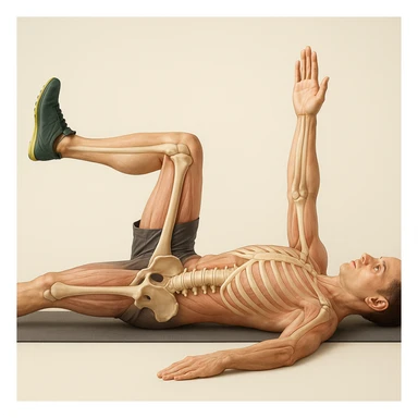 Anatomically hyperrealistic 4K depiction of a man in dead bug position, variant with one hand resting on the ground and the other raised, highlighting pelvis and spine bones, translucent muscles and skin, medical atmosphere. sticker