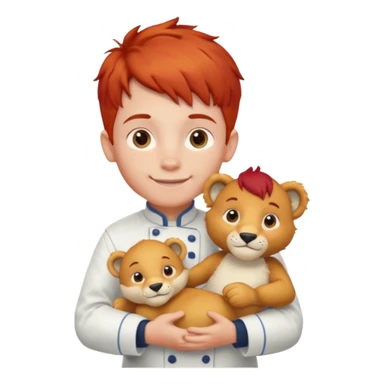 boy kid italian chef, red haired, uniform, holding plush polar lion sticker