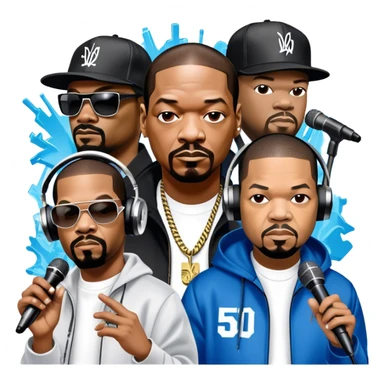 Icon for Rap Music: collage of rap legends—Snoop Dogg, Ice Cube, Dr. Dre, and 50 Cent. Iconic elements include microphones, headphones, and urban street elements like graffiti. Bold, energetic vibe with a hip-hop style. Transparent background. sticker