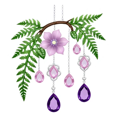 Hanging suncatcher, threads with shiny sparkly amethyst and rose-quartz gemstones, white-Cecilia-flowers, fern-leaves  sticker