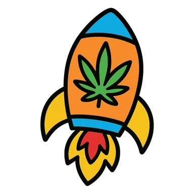 A rocket icon featuring a cannabis leaf, playful and cartoonish, bright colors. sticker