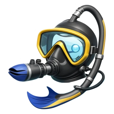 An icon featuring a close-up of a scuba mask, snorkel, and diving fins, with bubbles rising from the gear. The design includes a wetsuit and underwater light rays filtering through the water. Transparent background highlights the essence of diving and underwater exploration. sticker