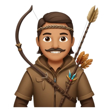 A classic middle-aged hunter with a bow and arrow on his back, dressed in brown clothes and decorated with feathers or bone teeth sticker