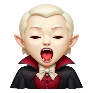 Cinematic Cute Yawning Vampire Portrait Emoji, with a small, rounded, charming pale face accented with tiny playful fangs and droopy, half-closed eyes, head tilted in an adorable wide yawn, dressed in miniature elegant dark attire with a hint of crimson, simplified yet irresistibly endearing, highly detailed with a soft, mysterious glow and gentle outline that captures the cute, drowsy side of an immortal! sticker