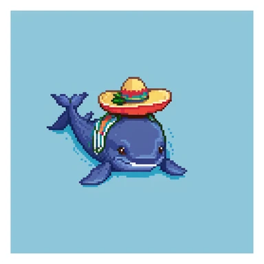A blue whale with a colorful sombrero hat on its head, swimming in water sticker