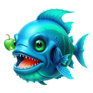 3D render of Anglerfish, bioluminescent deep sea style, glowing neon blue and green lights, dark background to contrast the glow, translucent organic textures, Apple emoji style. sticker