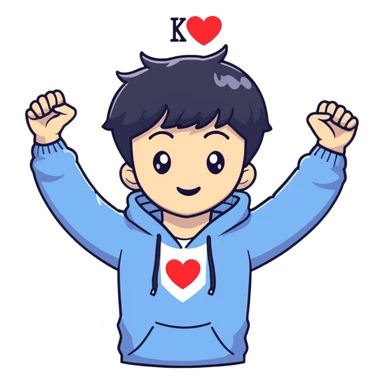 Black-haired male idol making a heart shape with his arms above his head, K-pop style sticker