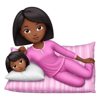 Dark skin Black barbie, short  black bob  hair, pink pajamas laying on pillow  sticker