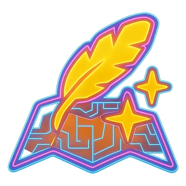 Transform the Wonderdraft map icon (feather, stars, and map) into a flat, cyberpunk style with extremely strong, intense neon glow. The feather and stars should be fully filled in with gold or yellow, and the map should be fully filled in with tan or brown—no transparency inside the shapes. Overlay glowing neon blue and pink circuit patterns and a strong holographic glow around the edges, but keep the main elements bold and opaque. The background outside the icon should be transparent. Avoid 3D shading and keep the style flat and futuristic. sticker