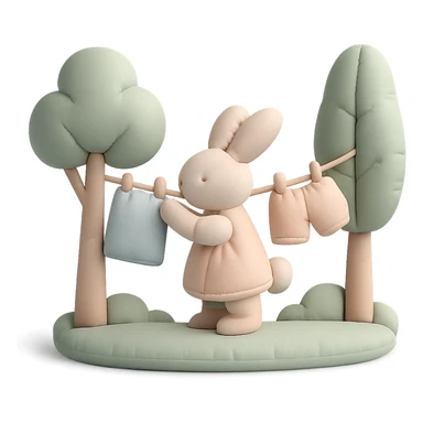 bunny hanging laundry between trees, calming domestic forest feel, soft pastel colors sticker