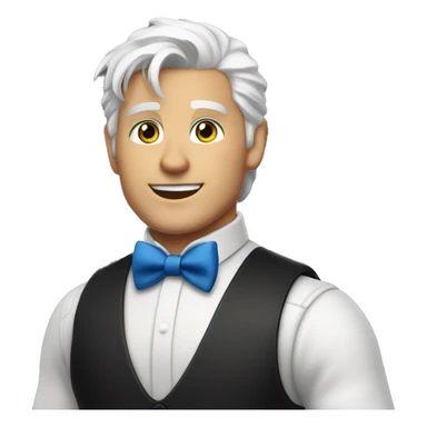 Handsome bartender with white hair and blue eyes. White shirt with black vest and a red bowtie sticker