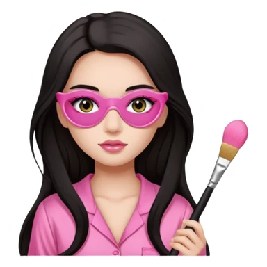 Dark long hair girl wearing pink victorias secret sleepwear is holding a makeup brush she also has eye patches white sticker