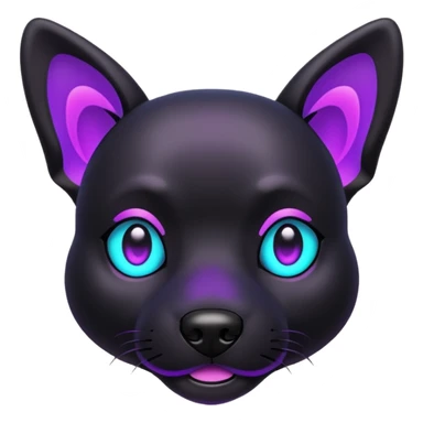 futuristic glowing black dog emoji, neon cyan eyes, purple #8B5CF6 highlights, tech minimal style, dark background sticker