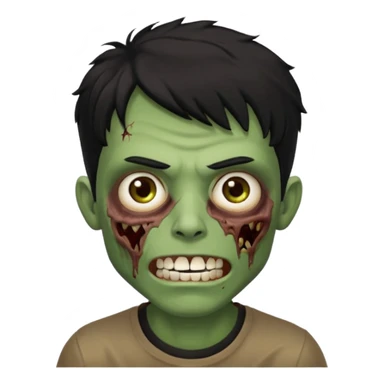 zombi emoji man with a fringe wavy medium black hair, mouth with a white teeth, nose, eyes brown, brown eyebrow, green skin, black shirt sticker