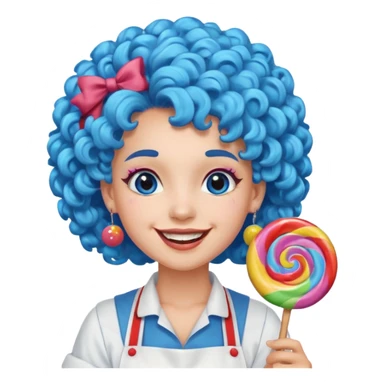 candy shop vendor, looking like candy with candy earrings and candy hair with big smile and blue curly hair sticker