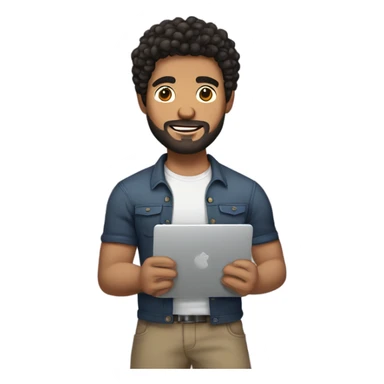 men holding his computer in hands. light brown skin men with curly black hair, dark brown eyes, little grown beard. little bit muscular. dressed casual. round face. sticker