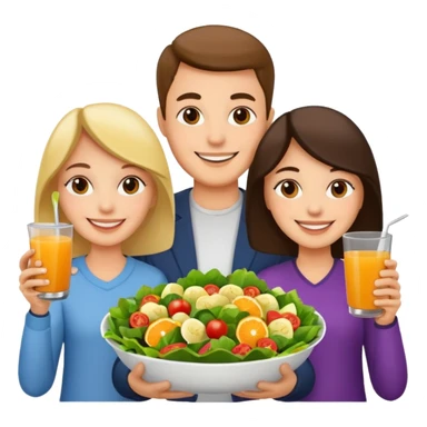 family holding salad and orange juice sticker