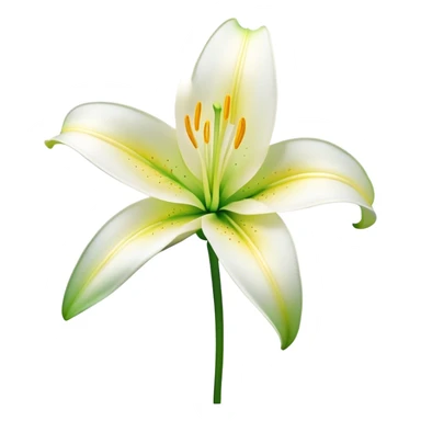 Cinematic Realistic Lily Emoji, Elegant and fragrant, with soft, white petals curling delicately around a golden-yellow stamen at its center. The long, slender green stem stands tall, supporting the vibrant bloom with its slightly curled tips. Soft glowing outline, capturing the essence of purity, elegance, and grace in a striking lily. sticker