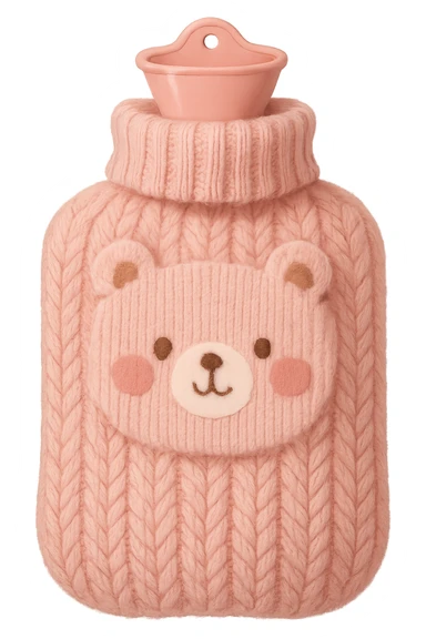 pink hot water bottle with a knitted cover, cute sticker