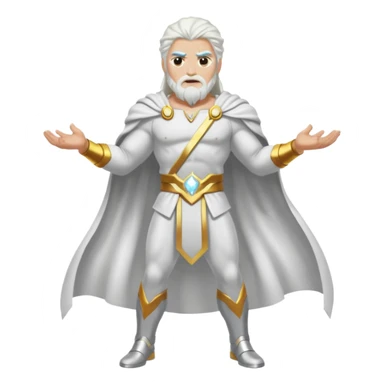 Zeus, whole body, white clothes, long white  hair, lightnings, determined face sticker