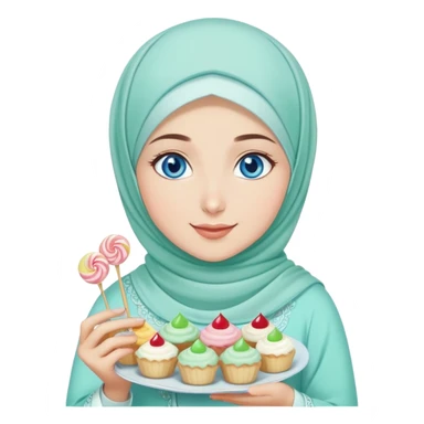 Turkish beautiful finish Konya girl blue eyes with mint hijab islamic dress and had on her hand sweets and celebrating with her friends eid days   sticker