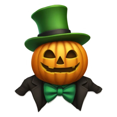 human-like pumpkin, with green arms, brown legs, black tophat, jack o lamtern face with monocle, green bow tie. sticker