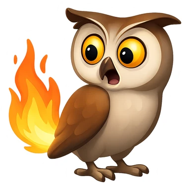 В стилистике эмоджи сгенерируй сову, она удивленно смотрит на свой хвост, который прямо сейчас горит, прозрачный фон sticker