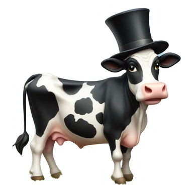 a fresian cow in a field with a tophat sticker