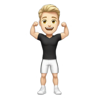 Joyful Celebrating victory Pale skinned Fit Man With the biceps and dark brown hair in black shirt, gray sports shorts and white Sneakers sticker