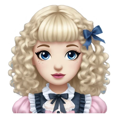 pale woman with blonde curly hair and bangs, pink lips and eyeshadow, long eyelashes, blue eyes, blue Lolita dress with laces and ribbons, gothic Lolita doll look sticker