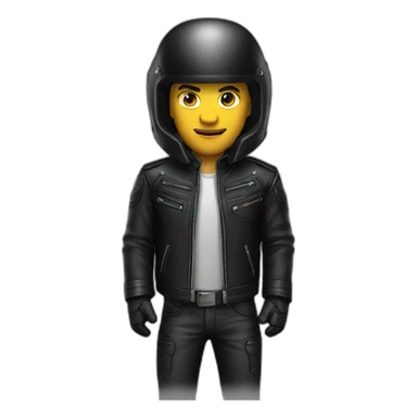 Man in black leather jacket with a dark tinted motorcycle helmet sticker