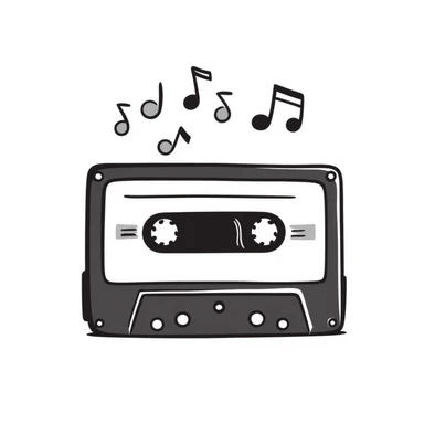 A hand-drawn cassette tape with music notes floating around it sticker