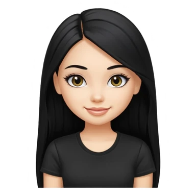 a pretty bratz fair girl with straight long black hair, wearing a black tshirt, smiling, eyeliner on sticker