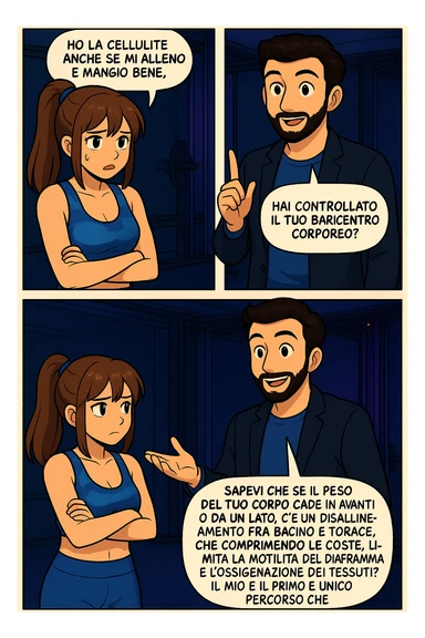 PRENDI SPUNTO DA QUESTO STILE FACENDO UN WEBTOON/MANGA:

LEI (DONNA): Ho la cellulite anche se mi alleno e mangio bene, cosa posso fare?

LUI (UOMO): Hai controllato il tuo baricentro corporeo?
LUI (UOMO): Sapevi che se il peso del tuo corpo cade in avanti o da un lato, c’è un disallineamento fra bacino e torace, che comprimendo le coste, limita la motilità del diaframma e l’ossigenazione dei tessuti?
LUI (UOMO): Il mio è il primo e unico percorso che lavora sugli inestetismi con un lavoro mirato sul baricentro corporeo. sticker