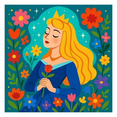 Sleeping Beauty in a whimsical fantasy style, surrounded by flowers, magical aura, delicate features sticker