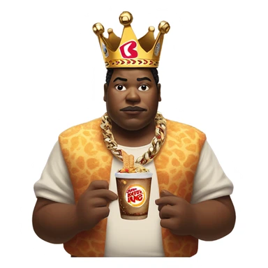 solo portrait with jewelry, but wearing a Burger King crown, smoking a cigarette, and a sumo wrestler eating Mayo in the background sticker