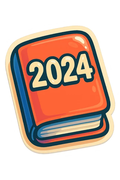 retro sticker-style image of a small pocket calendar closed, with a visible year on the cover, bold outlines, juicy colors, expressive shadows and highlights, playful and glossy look sticker