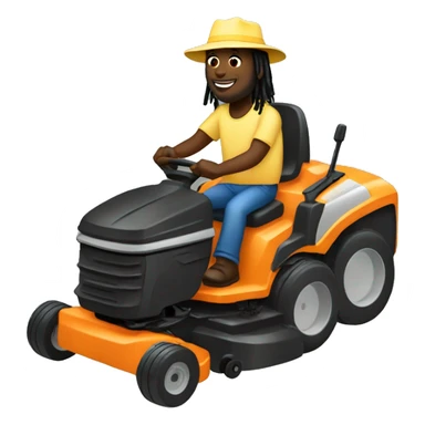Black man with dreads riding lawn mover with a sun blocking hat sticker