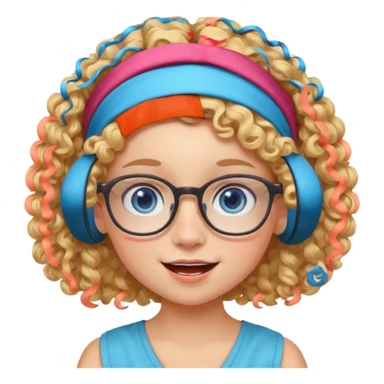blond kid with unique face features and very curly hair kid girl happy and big glasess and big nose and very blue eyes and headband with freckles kind of nerd looking sticker