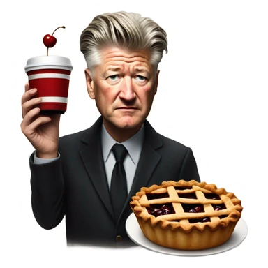 david lynch with a cherry pie and coffee cup sticker