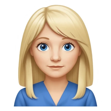 50 yr old white woman, hippie parted very long hair, short bangs, very long straight blond hair, oval face, small smile, blue eyes, thin face, hair downback, hair parted at center of head, round cheeks, pale, longer hair, business dress, long hair sticker