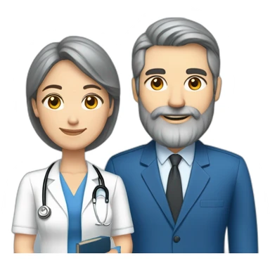 husband classy caucasian 55 dark gray hair trimmed beard wearing blue business suit and holding bible, with wife asian age 55 dark hair nurse uniform, no children sticker