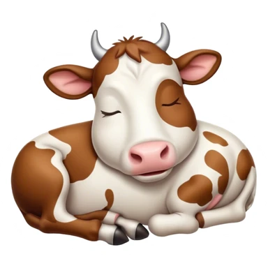 Meme-Worthy Cute Sleeping Brown and White Cow Portrait Emoji, Head resting peacefully with a contented smile, showcasing a robust build and a luxuriously soft patterned hide of brown and white, eyes shut in a serene, restful nap, Simplified yet hilariously adorable features, highly detailed, glowing with a soft, drowsy light, high shine, relaxed and utterly lovable, stylized with an air of playful laziness, bright and heartwarming, soft glowing outline, capturing the essence of a comically sleepy cow, so meme-worthy it feels like it could instantly become the next viral sensation of adorable slumber! sticker