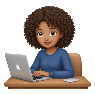 adorable black girl with curly hair working on a MacBook, smiling, cozy setting sticker