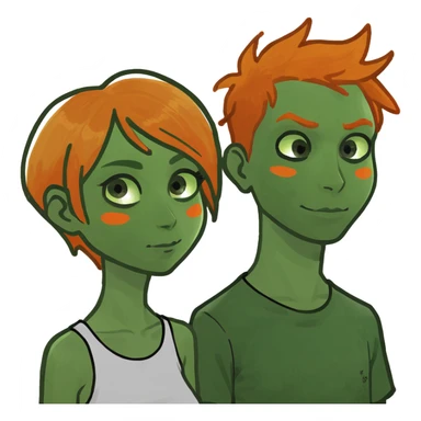 A tall girl and a half short boy with orange hair sticker