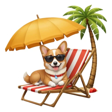 a corgi dog laied on a beach chair, a sunny beach, a sun umbrella, and beach coconut trees. the icon should capture the essence of a relaxing beach vacation with a carefree atmosphere sticker