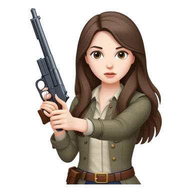 beautiful pale brunette girl with long hair with a gun sticker