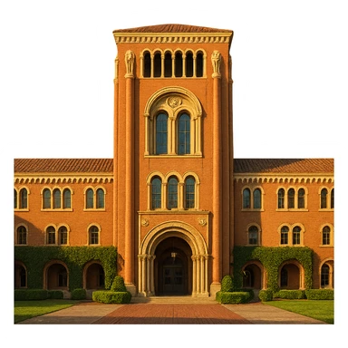 cinematic, realistic emoji of the Bovard Administration Building at the University of Southern California in Los Angeles, straight-on perspective, featuring its iconic Romanesque Revival architecture, lifelike detail, bright regal lighting as on a sunny day, accurate building colors, transparent background sticker