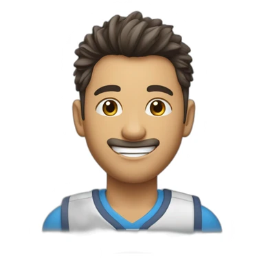 chico joven con camisa azul, pelo moreno, flequillo un poco ondulado y alguna cana, con una sonrisa sticker