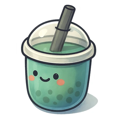 bubble tea cup with a rounded cute lid, blue cup, green drink inside, vector hand-drawn style, clear bold outlines, expressive shadows and highlights, matte glass effect, playful face, extra chubby shape sticker